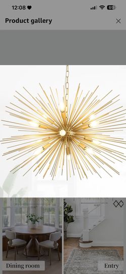 34in Modern Gold Sputnik Chandelier 12-Light Large Starburst Chandeliers Solid Metal Mid-Century Firework Chandelier for High Ceiling Bedroom, Dining 