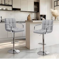 Bar Stools Set of 2, Adjustable Swivel with Backs, Light Gray