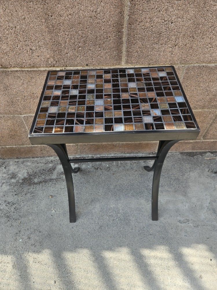 Mosaic Tile & Wrought Iron Side Table / End Table - Brown & Gold Tones