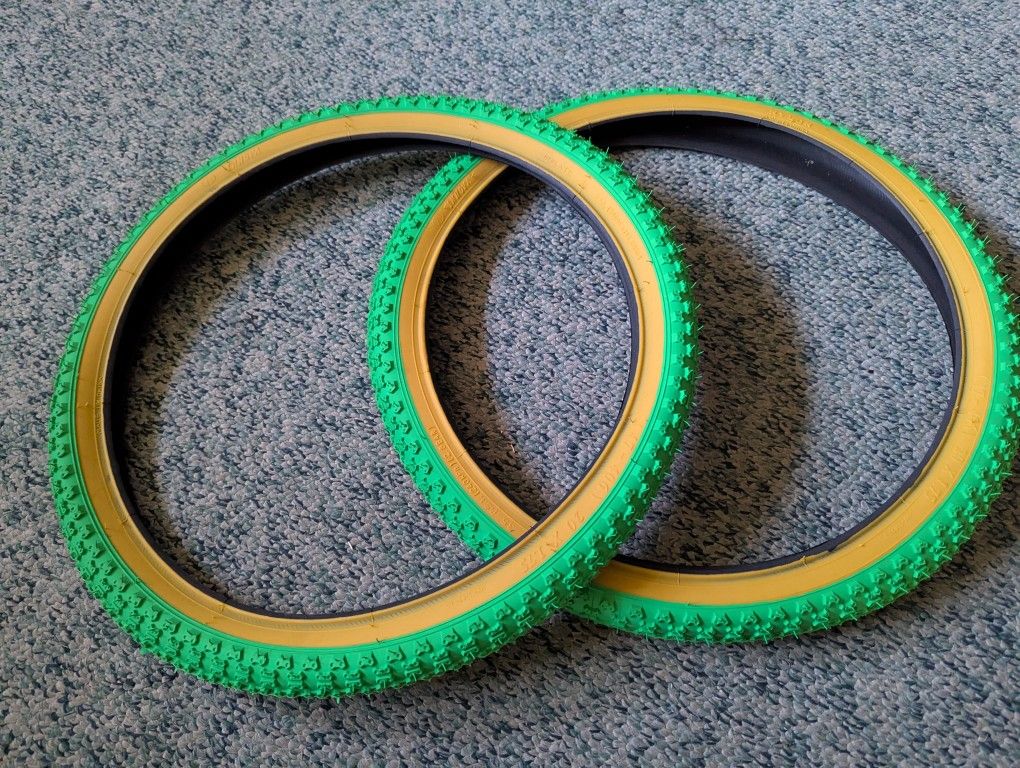 TWO NEW INNOVA GREEN/GUMWALL BMX BICYCLE TIRES 20X 1.75 COMP 3 STYLE