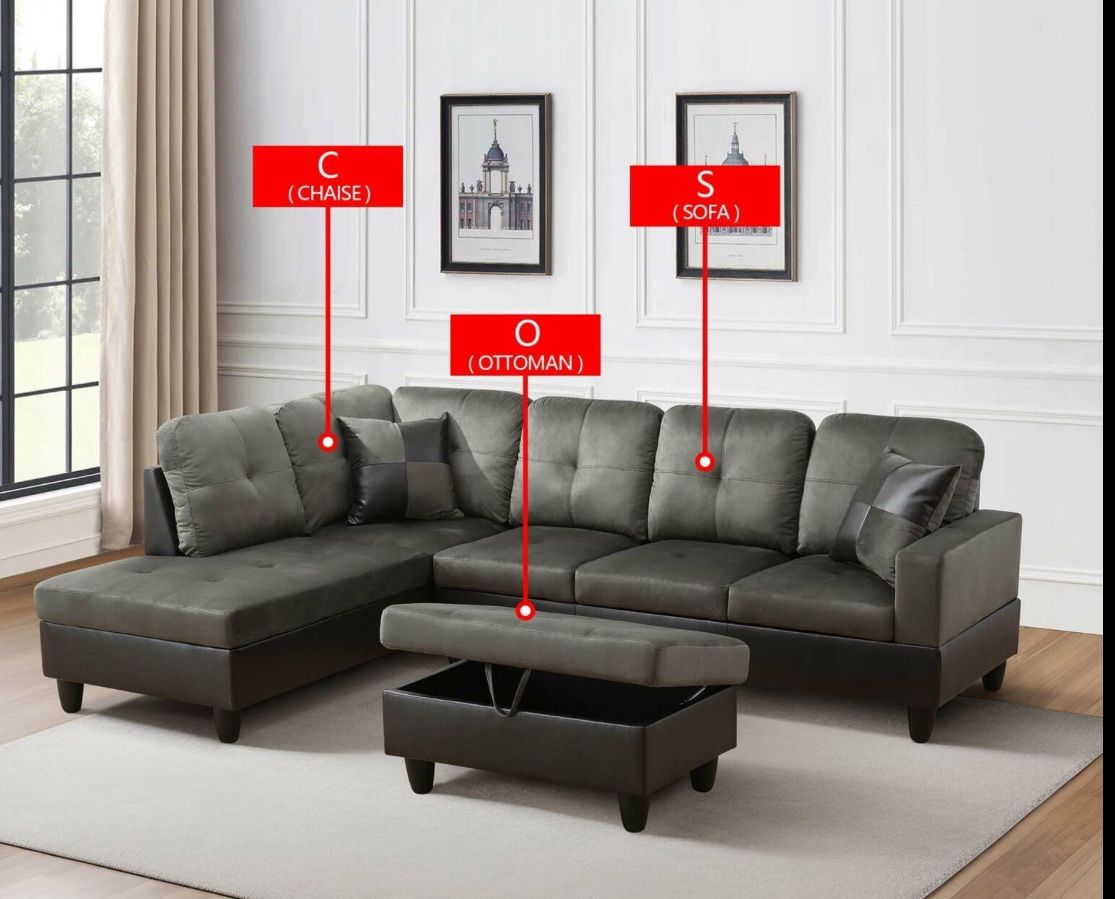 Light Grey Flannel Sectional Set