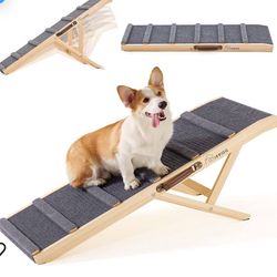 Dog Ramp, Wooden Adjustable Pet Ramp 43.5'' Long 5 Heights 250LBS Capacity Non-Slip Foldable with Leather Handle for Couch Bed Car Folding Dog Car Ram