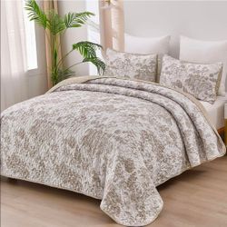 Full Size, 3 Pieces Khaki Toile Floral Plants Printed Bedspread Bedding Set Soft Lightweight Microfiber Coverlet Set for All Season (90"x78")