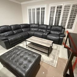 6 piece leather sectional, rug, and coffee table