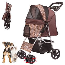 Pet Stroller, Cat Dog Stroller For Medium Small Dog With Storage Basket Foldable Lightweight Dog Carrier Trolley, 4 Wheel, Leopard Leopard 4-Wheel