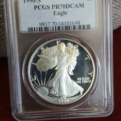 Look!! 1990 S PCGS PR70 DCAM American Silver Eagle .beautiful coin.34 years old