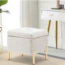 16.5" Storage Ottoman Velvet Tufted Upholstered Footstool Vanity Stool Square Ottoman with Hinged Lid Ivory