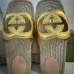 Gucci Women’s Interlocking G Cut-out Espadrille Slides Sandals Leather Size 37.5