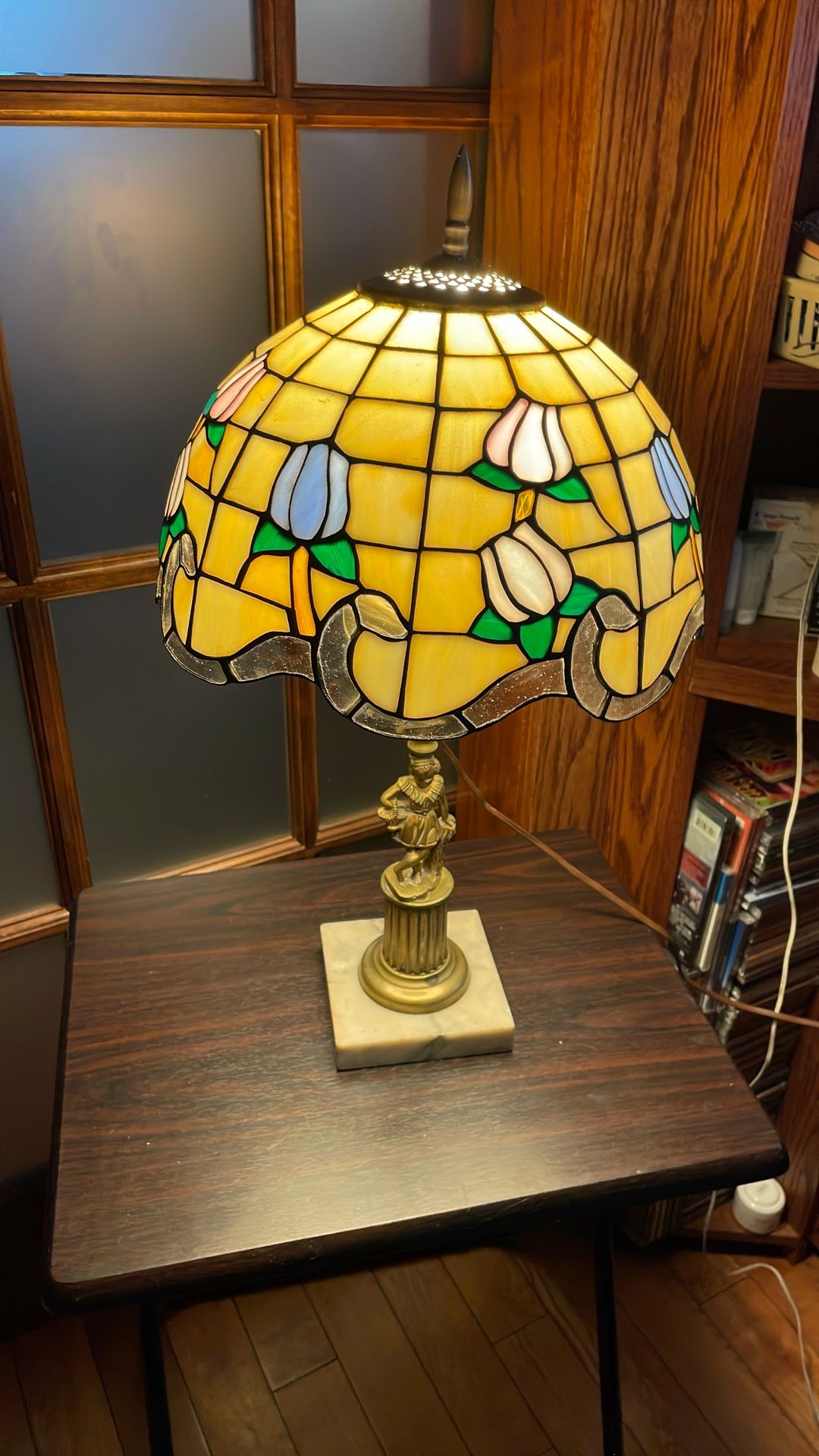 Antique Brass Lamp Marble Base Stain Glass Shade 24 Inch Tall