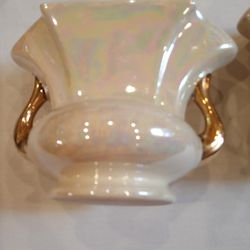 Vintage Pearl Iridescent Fan   Vases W/ Gold Handles