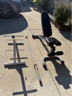 Work out bench, Olympic bar and weight tree