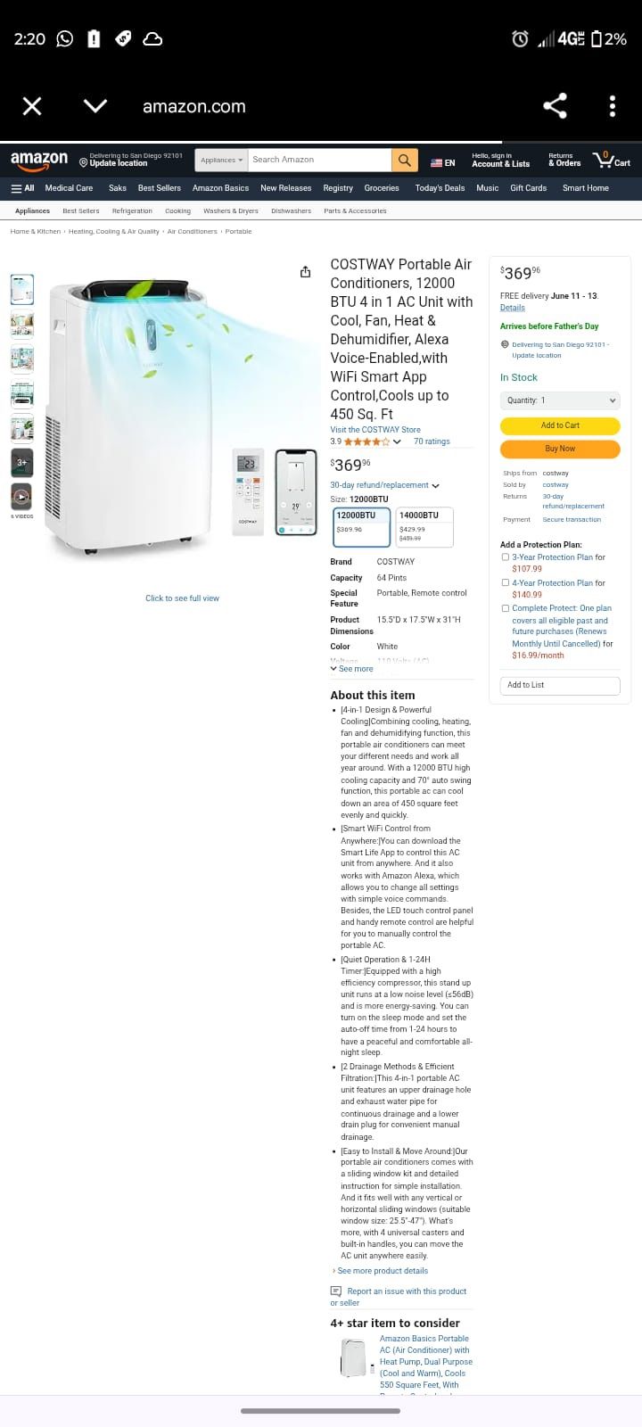 Portable Air Conditioners, 12000 BTU 4 in 1 AC Unit with Cool, Fan, Heat & Dehumidifier, Alexa Voice-Enabled,with WiFi Smart App Control, Cools up to