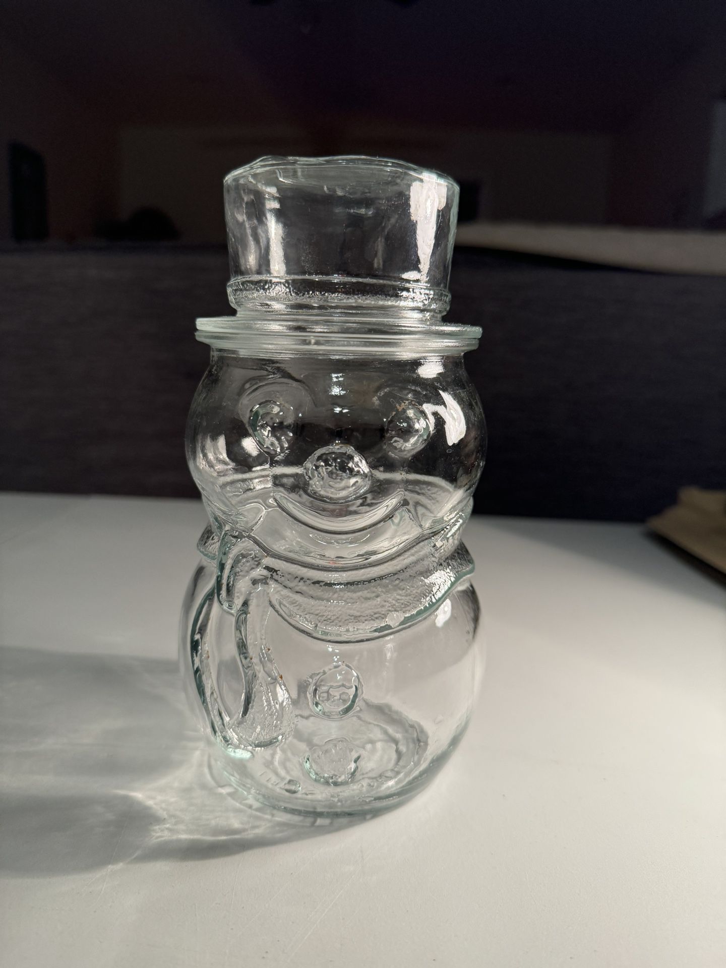 Vintage Clear Glass Snowman Jar With Top Hat