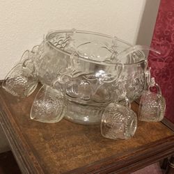 Vintage Fruit Crystal Punch Bowl W 8 Cups