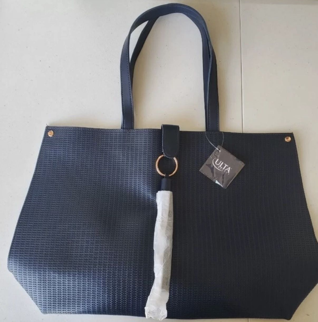ULTA Beauty Large Tote Bag Navy Rose Gold Accent Tassel Snap Closure NWT