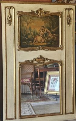 Large Romantic Louis XVI Gilt and Crème Peinte Trumeau Mirror 63.25"H