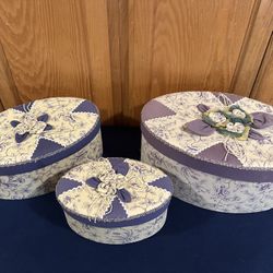 3 Beautiful Vintage Oblong Decorative Lavender Boxes that Fit Inside of Each Other