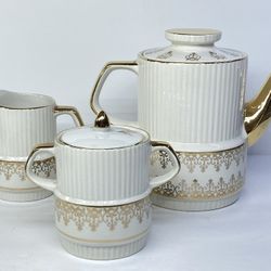 Vintage Gibsons Coffee Pot, Sugar Bowl, Creamer Set, 1950s, Stafforshire England, Heavy Gold Trim, Gold Decoration On White, Ribbed.