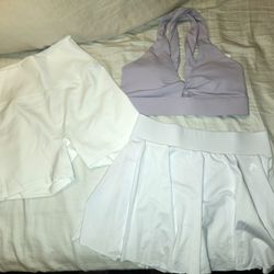 White Tennis Skirt & Shorts with Lavender Sports Bra