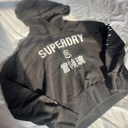 Superdry Cropped Black Hoodie Sweatshirt Medium
