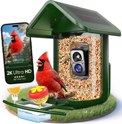 Bird Feeder with Camera Solar Powered - Smart Bird Feeder Camera 2K HD Live Stream, 5MP Photos, AI Identification for Backyard, 2.4Lb Large Capacity,
