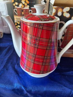 NIB Vintage Pacific Rim Red Tartan Plaid Teapot & Mug Set (9 Pieces)