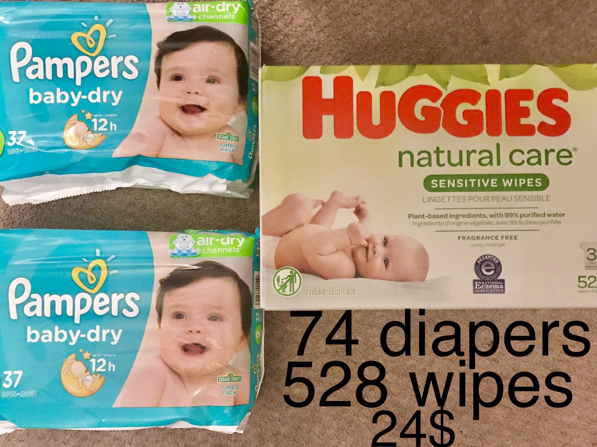 74 size 2 pampers baby dry diapers and 528 wipes for only 24$