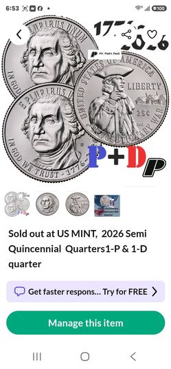 Sold out at US MINT,  2026 Semi Quincennial  Quarters1-P & 1-D quarter
