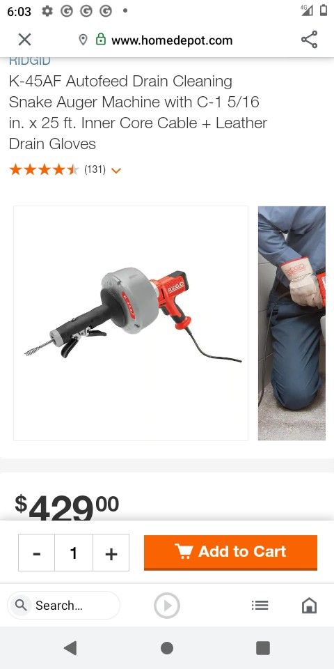 Ridgid K45 Heavy Duty Power Snake With Auto Drain Rigid Heavy Duty Power K45 Ridgid Heavy Duty Power Snake With Autke With Auto Drain Model Number K45