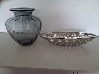 Smoke Glass Vase and Silver Decorative Bowl Set