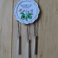 Vintage Ceramic Wind Chime Embossed Floral Pattern "Spring Lasts Forever" 3.5" Diameter. handpainted, handmade.

