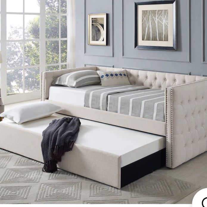 Tufted Daybed + Trundle, Twin, Beige