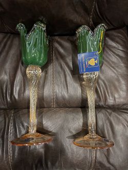 Italian Hand Blown Murano Art Glass Green Tulip Candle Holder Amber Stem 2 Pack