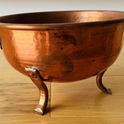 Copper Pot w/ 3 Legs and 2 Handles. Stamped JJ, 6 3/4” Diameter, 4” High.