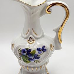 Porcellanes Painted Porcelain Pitcher Gold Trim Floral Handle White 5" Novelty