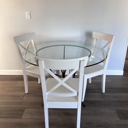 Pier 1 Imports Glass Top and Wrought Iron Base Dining Table + 3 IKEA white chairs