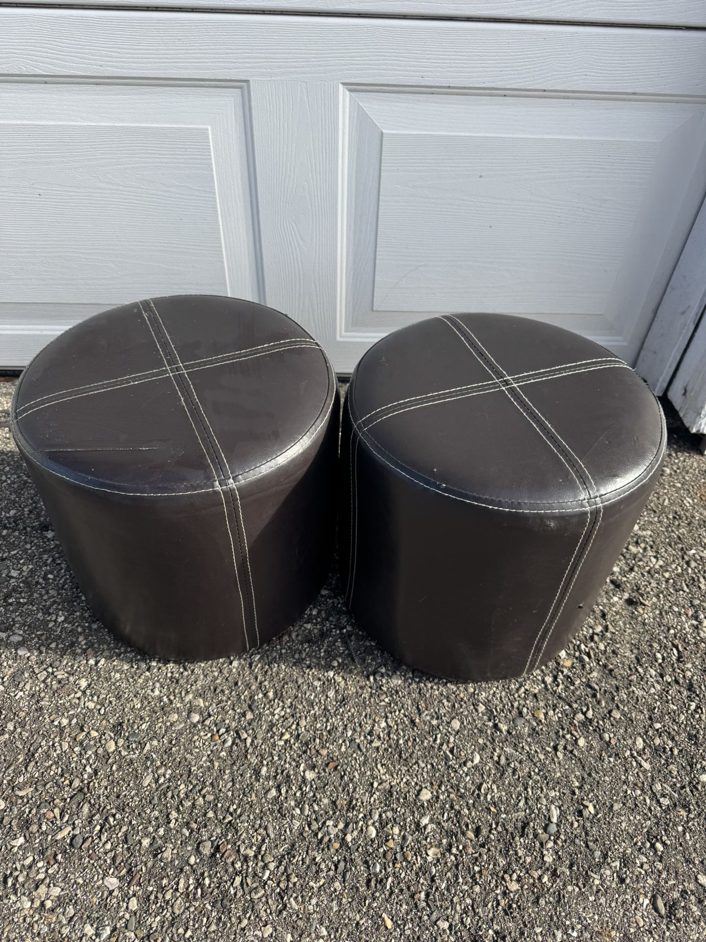 Set of Two Brown Leather Ottomans
