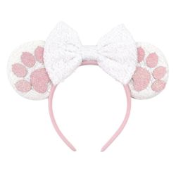 Pink White Minnie Mouse Ears Headband with Sequins & Dog Cat Animal Paw Prints, Sparkly Hair Head Piece for Girls Women, Disney Trip *NEW In Plastic*