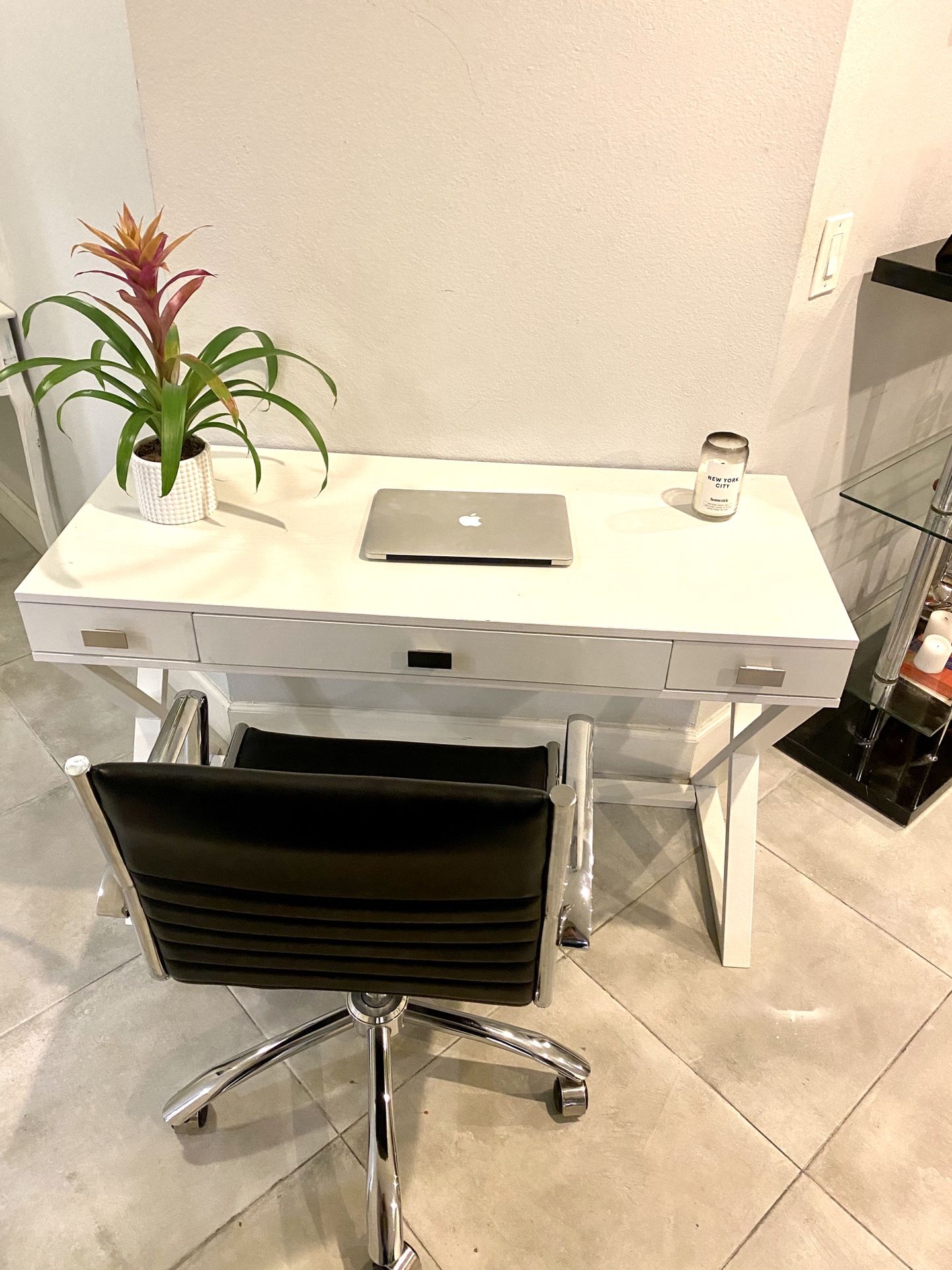 Brand new sleek white modern 3 drawer desk with leather and chrome chair
