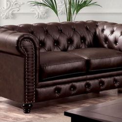 Brand New Brown Leather Retro Style Loveseat 