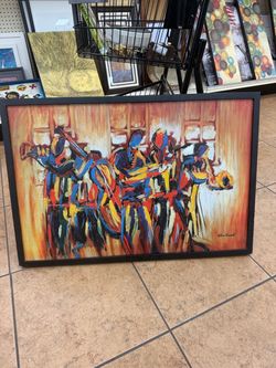 Framed Abstract Jazz Musicians Oil Painting