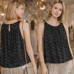 NWT $78 Anthropologie Black Carly Shimmer Scoop Neck Button Back Top S