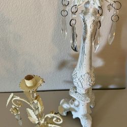 Shabby Chic White Candle Holders Set with Crystals