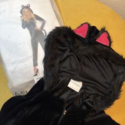 Black Cat Hooded Velvet Jumpsuit With Tail Size Small NEW