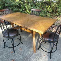 Counter Height Dining Table Set with Leaf and 4 Leather Swivel Stool Chairs