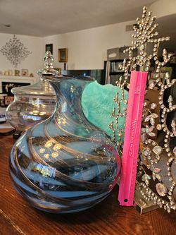 Blue And Gold Jar Vase Glass 13in