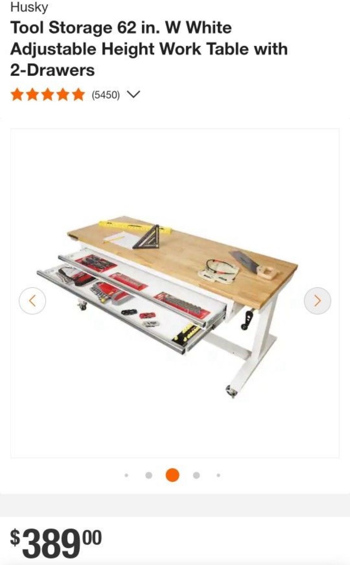 HUSKY Tool Storage 62 in. W White Adjustable Height Work Table with 2-Drawers