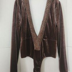 Julia Embellished Velvet Bodysuit Size Large Brown Long Sleeves.