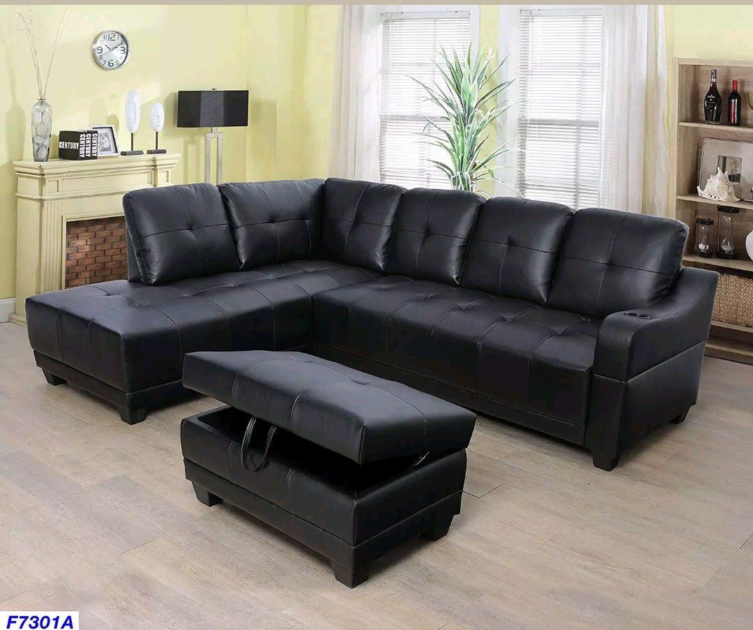 Black faux leather Sectional & Ottoman