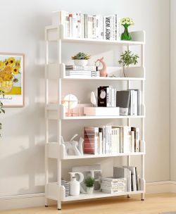 New 5-Tier Wide Open Shelf Bookcase White Modern Design, Free Standing Display Bookshelf